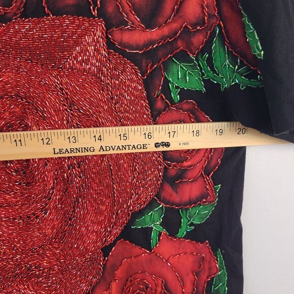 Mfi-Jean Black T-Shirt With Red Beaded Rose Embroidery - Size Medium - Picture 3 of 7